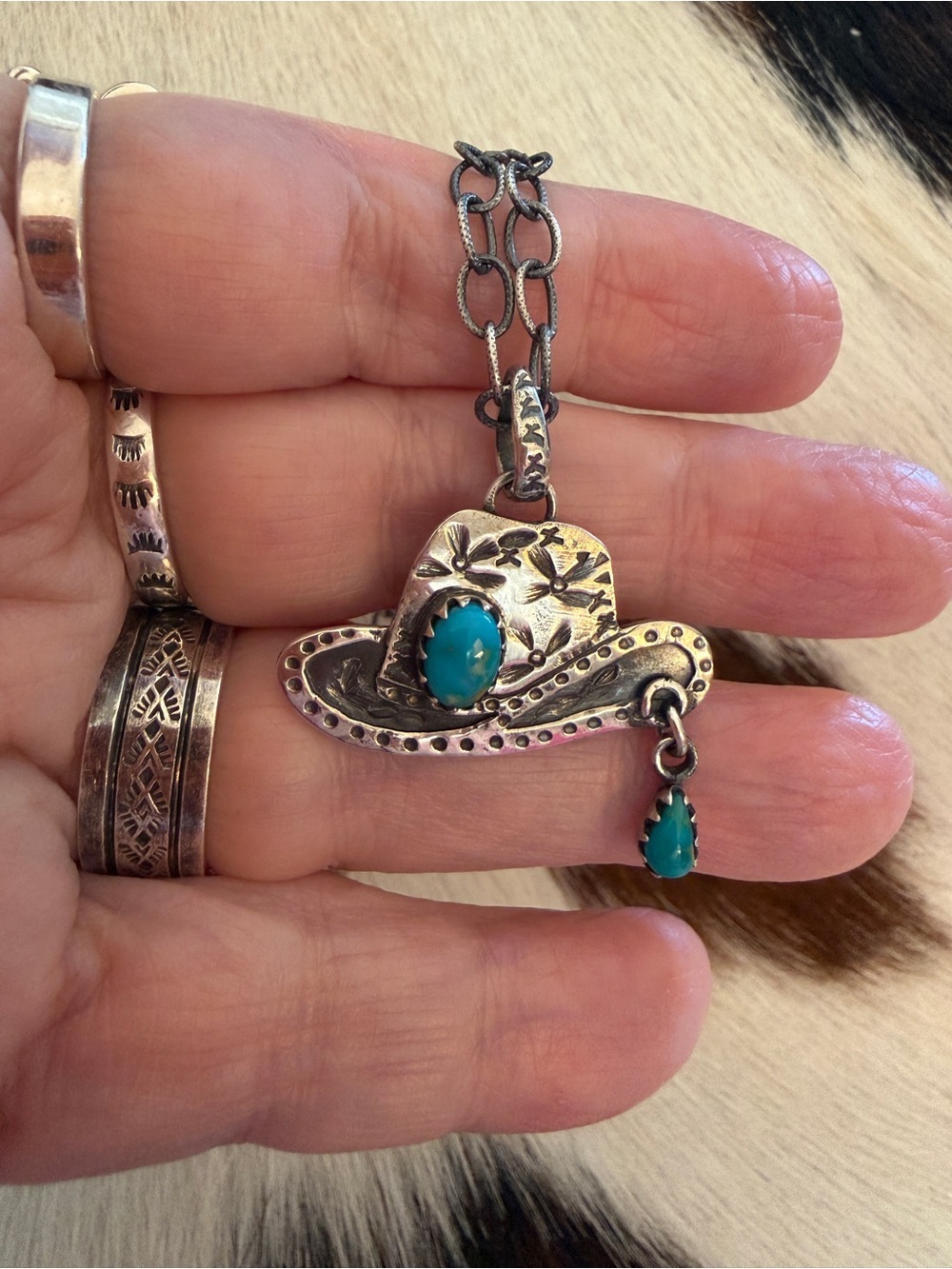❤️ Kingman Turquoise Robins Egg Blue Cowboy Cowgirl Hat Hand Stamped 925 Pendant